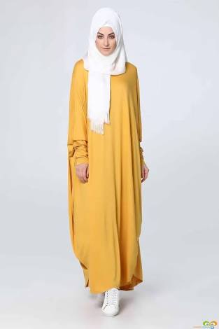 hardal sarısı salaş uzun elbise modeli